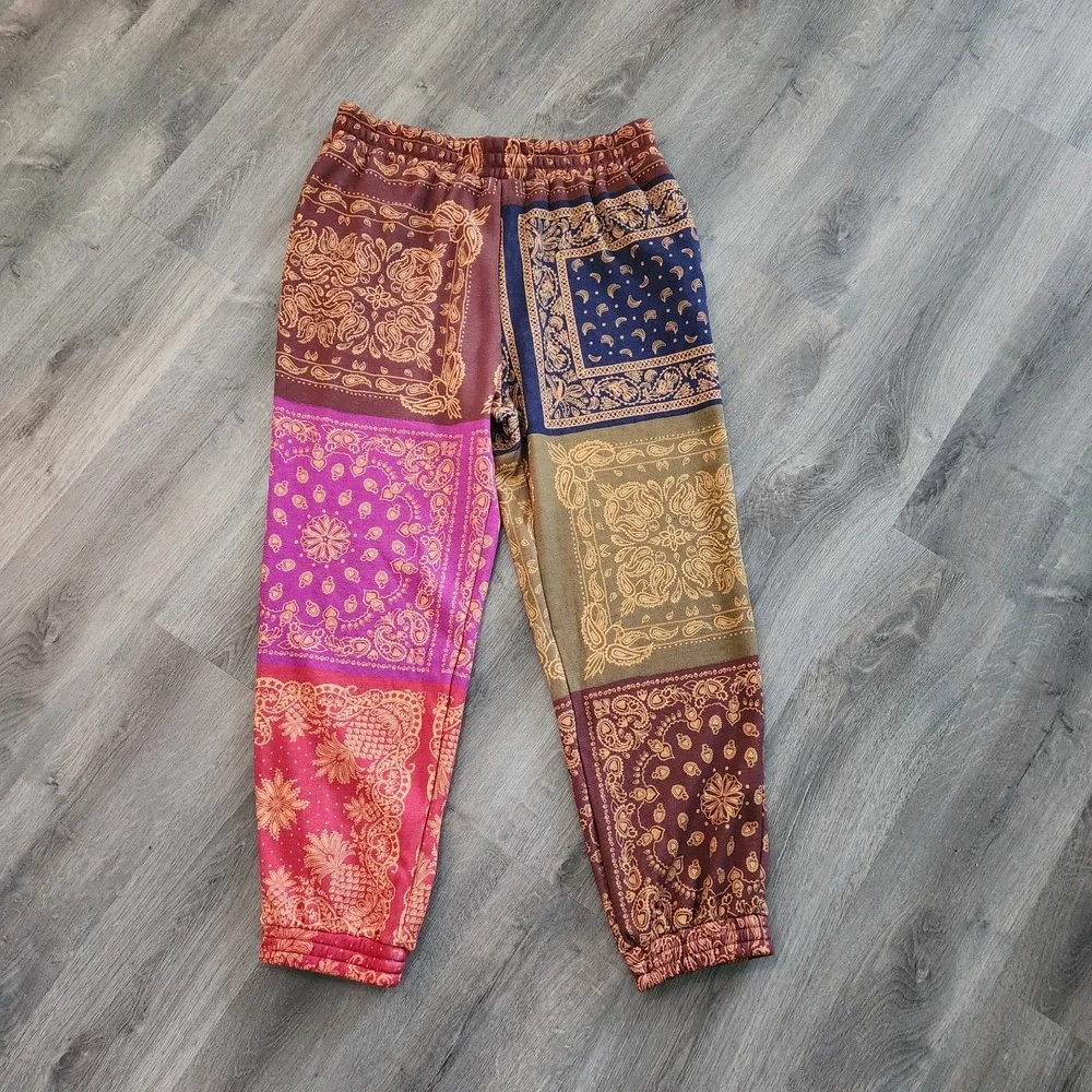 Farm Rio Bandana Patchwork Boho Jogger Sweatpants XL Festival Athleisure Cozy